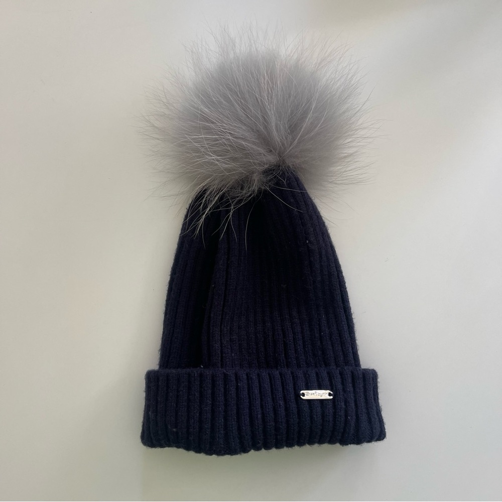 Bari Lynn Navy Blue Girls Knit Hat with Fur Ball
